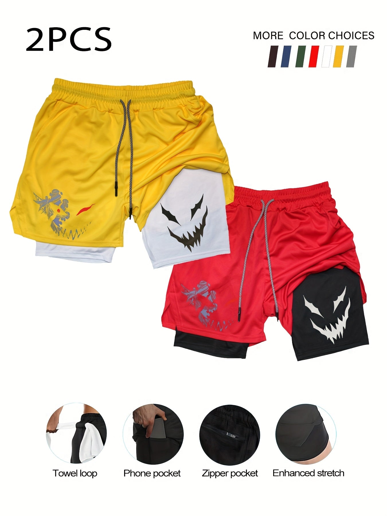 2-Pack Men's 2in1 Double Layer Shorts, Multi-Functional with Pockets