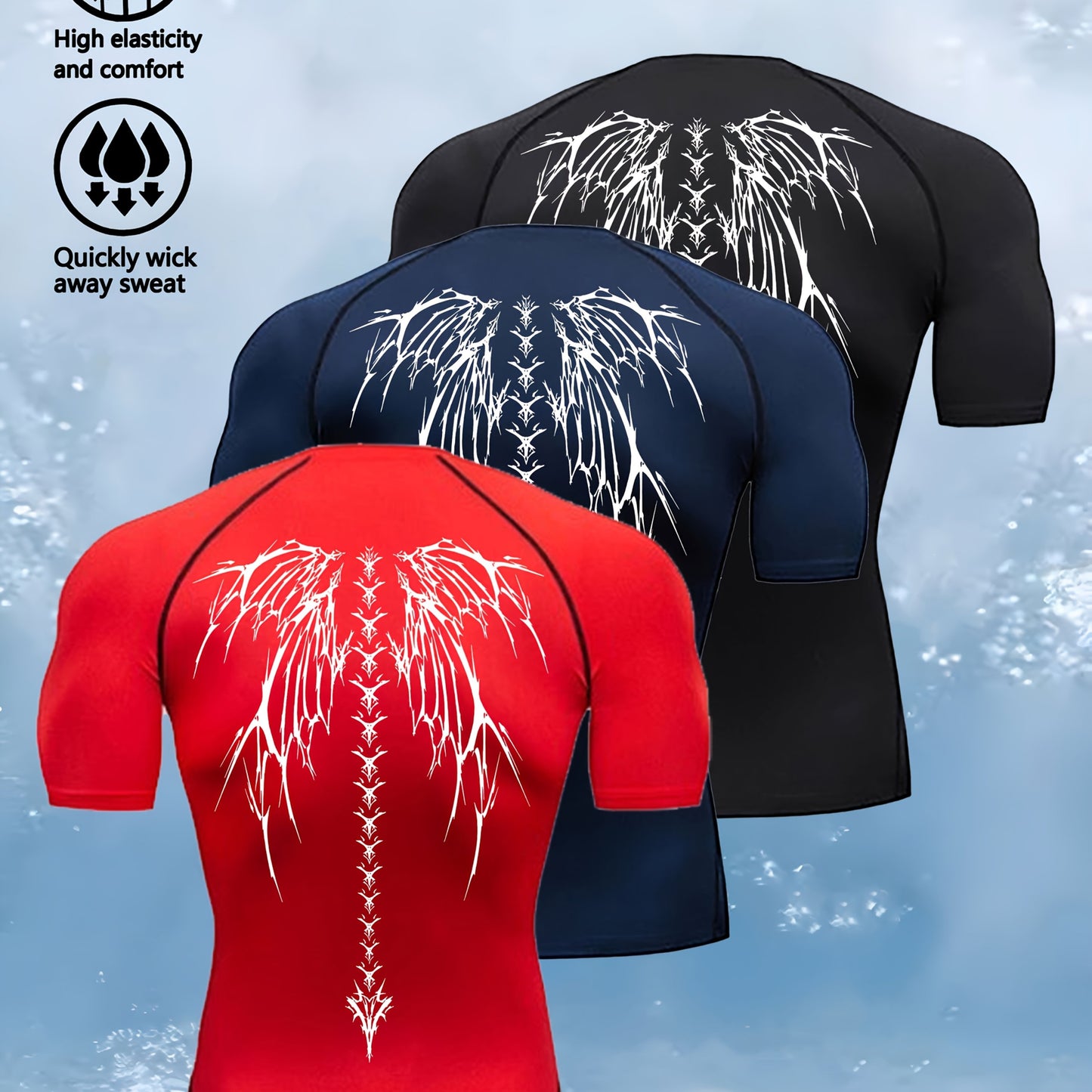 3pcs Wing Print Compression T-Shirts for Men - High Elasticity