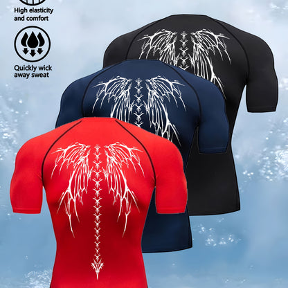 3pcs Wing Print Compression T-Shirts for Men - High Elasticity