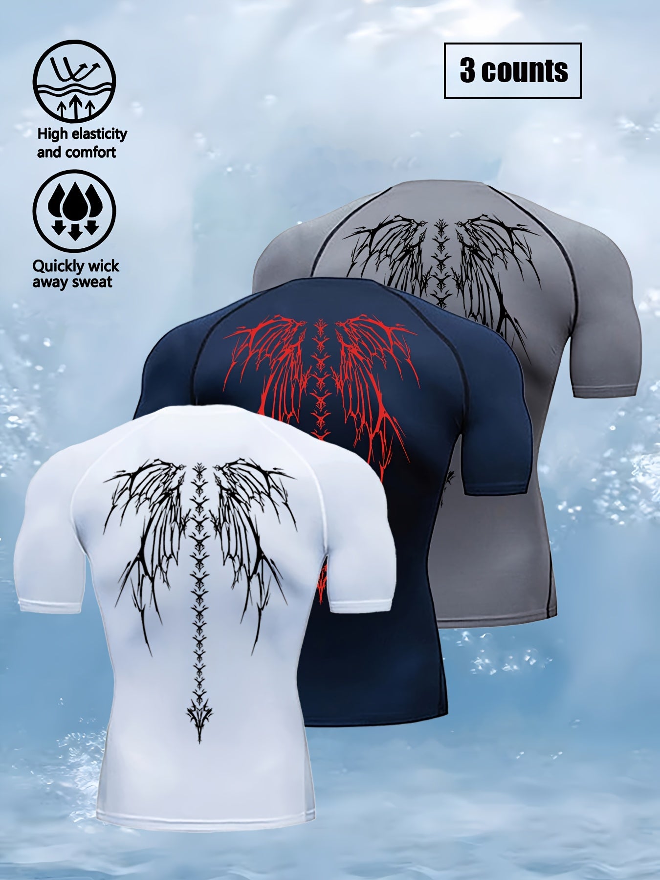 3pcs Wing Print Compression T-Shirts for Men - High Elasticity