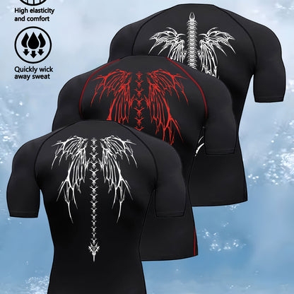 3pcs Wing Print Compression T-Shirts for Men - High Elasticity