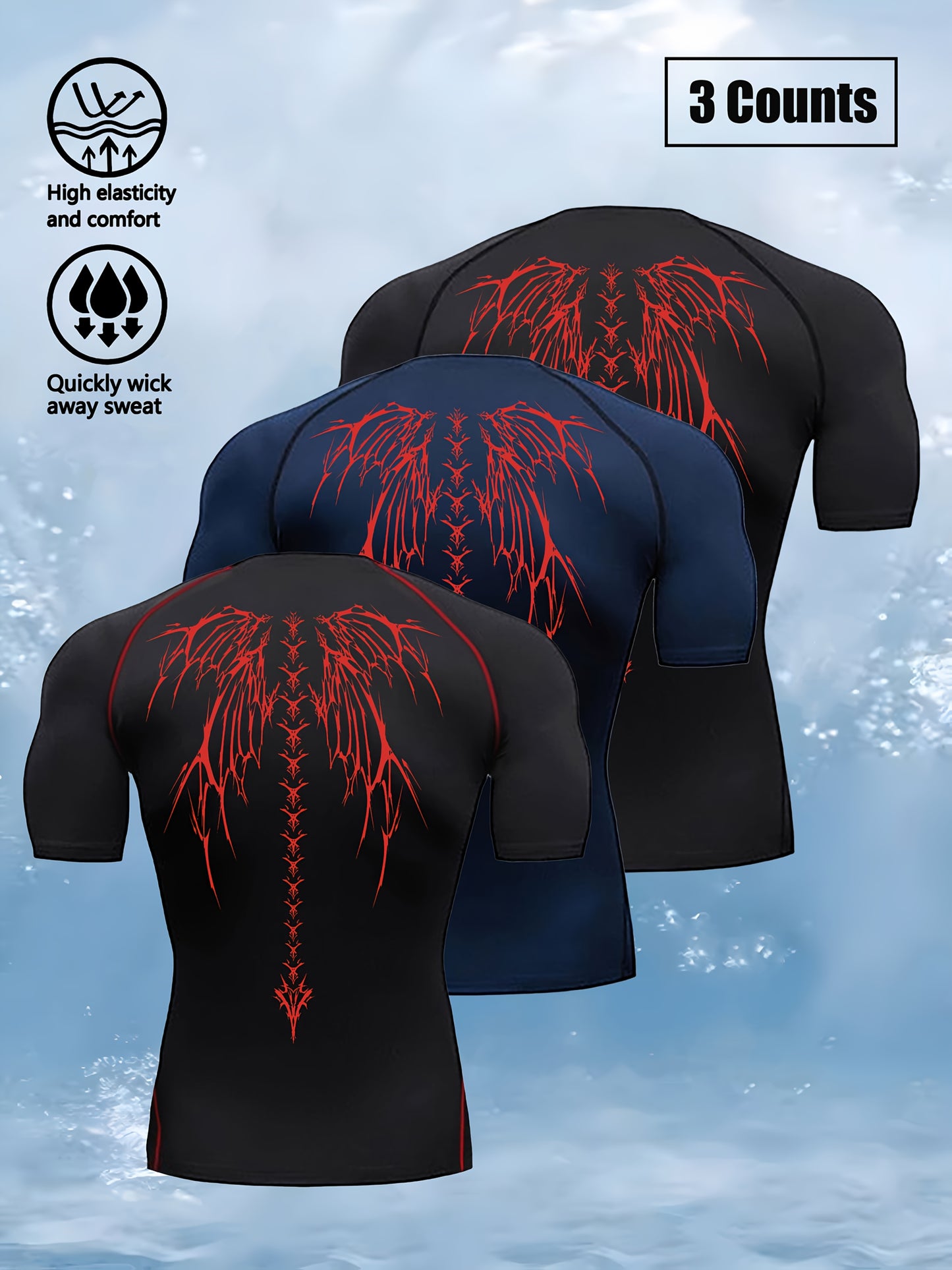 3pcs Wing Print Compression T-Shirts for Men - High Elasticity