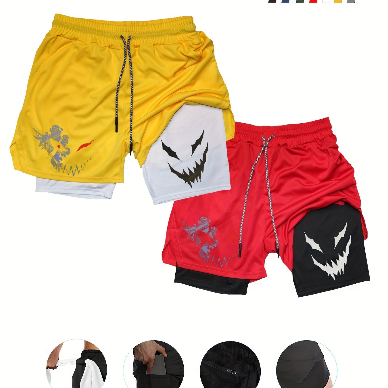 2-Pack Men's 2in1 Double Layer Shorts, Multi-Functional with Pockets