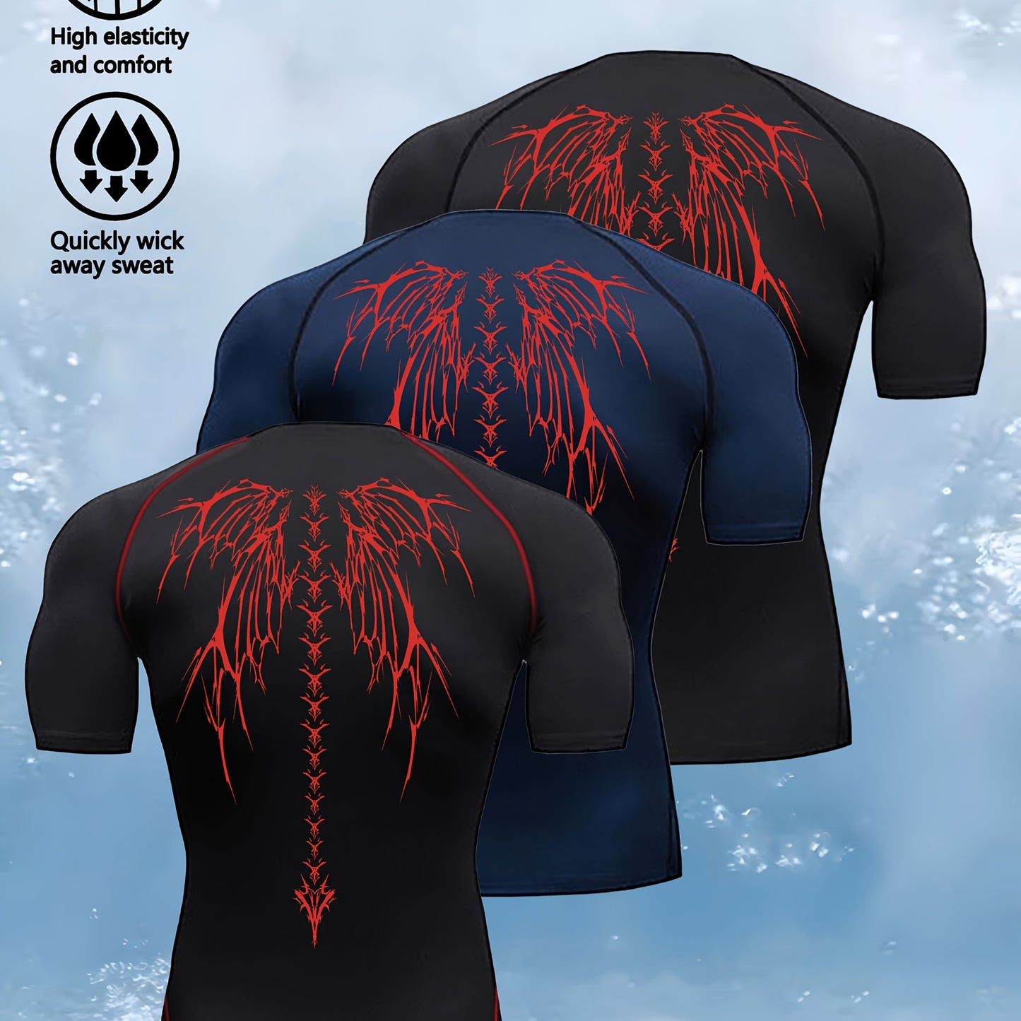 3pcs Wing Print Compression T-Shirts for Men - High Elasticity