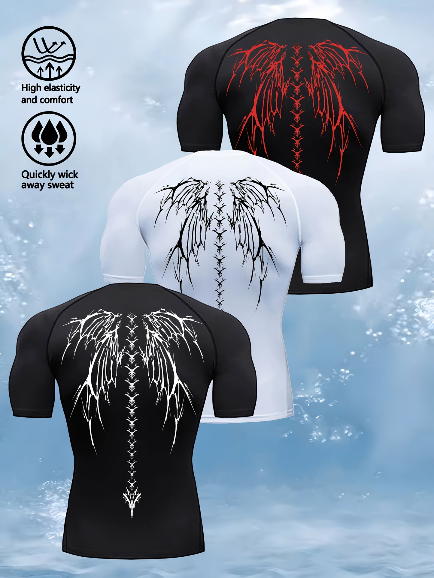 3pcs Wing Print Compression T-Shirts for Men - High Elasticity