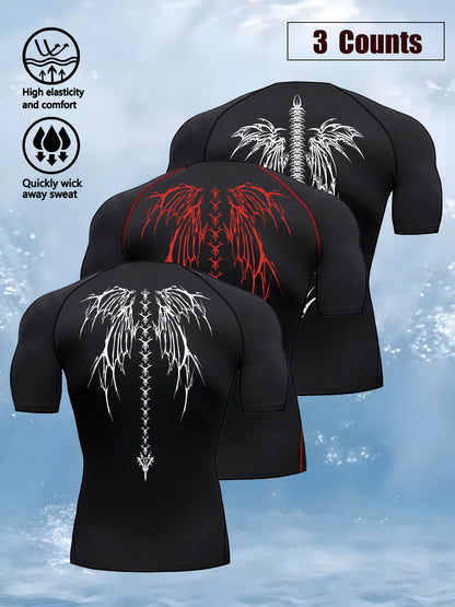 3pcs Wing Print Compression T-Shirts for Men - High Elasticity