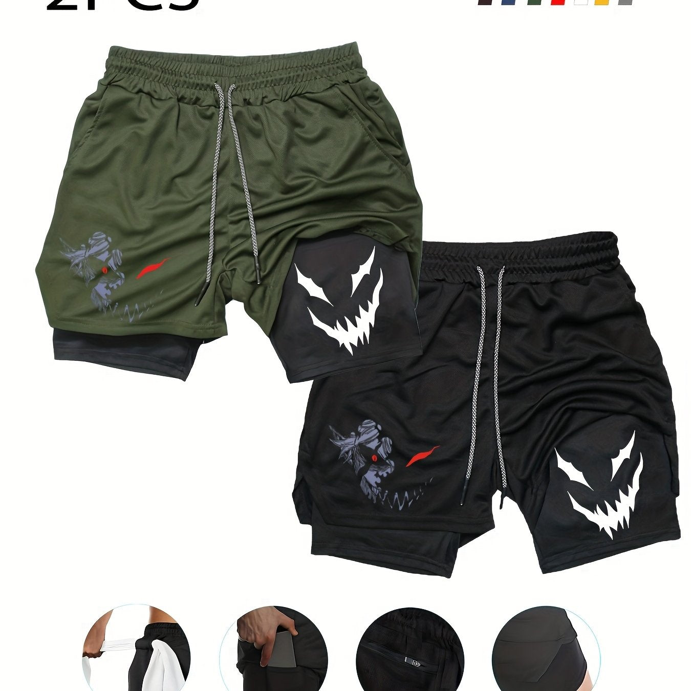 2-Pack Men's 2in1 Double Layer Shorts, Multi-Functional with Pockets