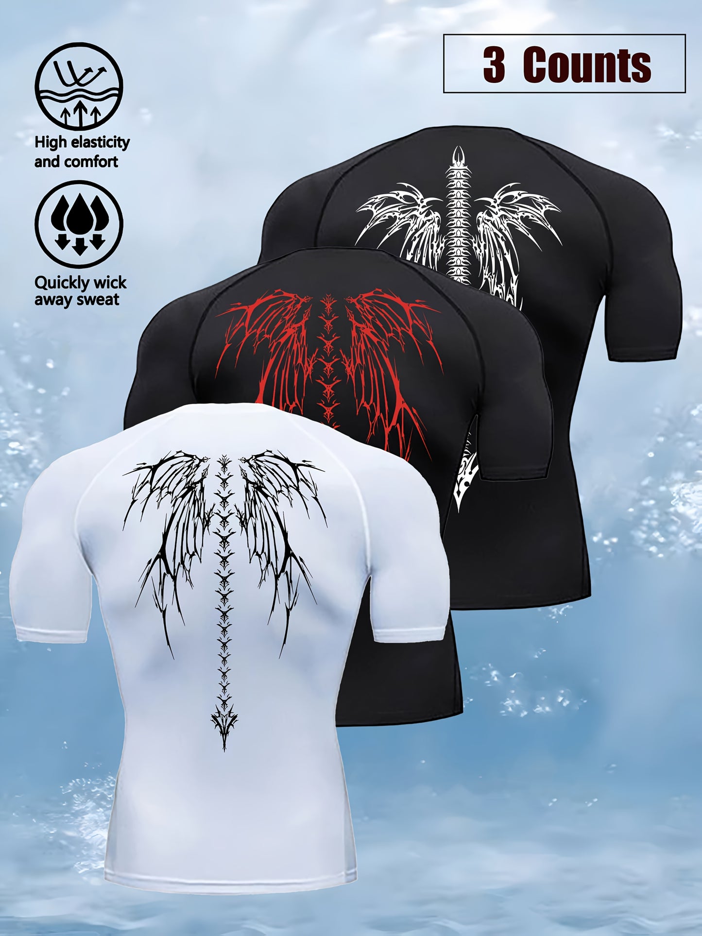 3pcs Wing Print Compression T-Shirts for Men - High Elasticity