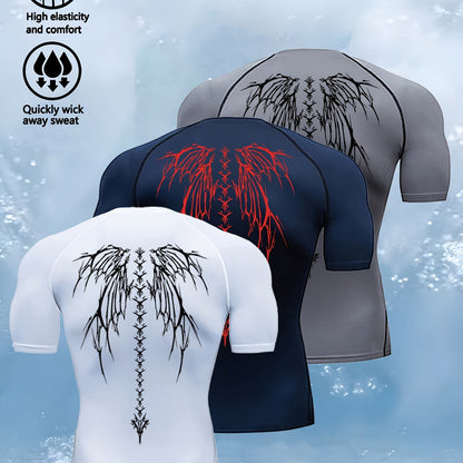 3pcs Wing Print Compression T-Shirts for Men - High Elasticity