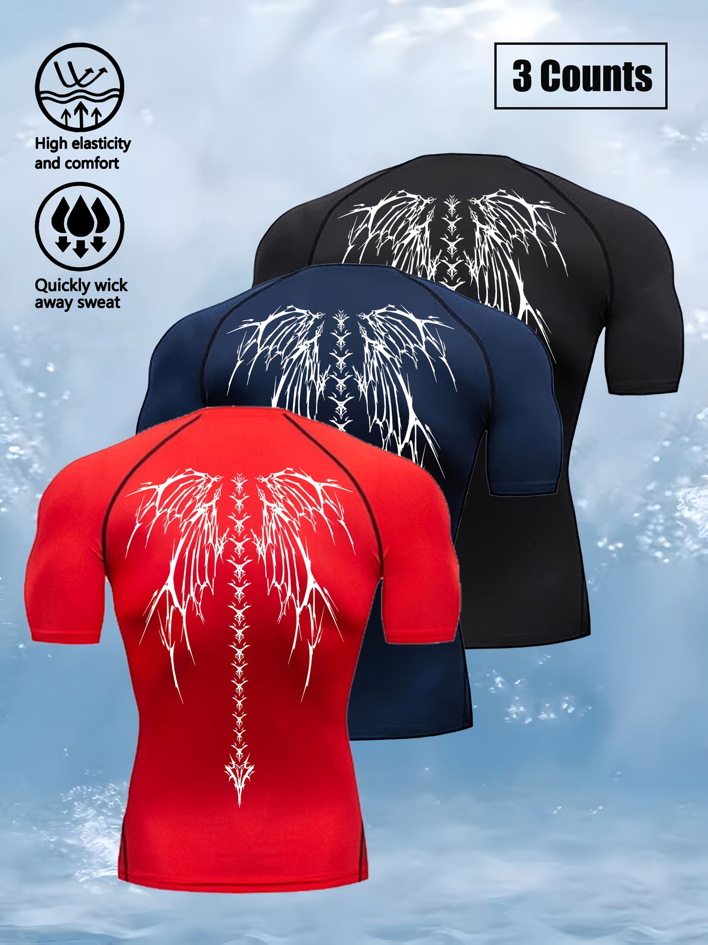 3pcs Wing Print Compression T-Shirts for Men - High Elasticity