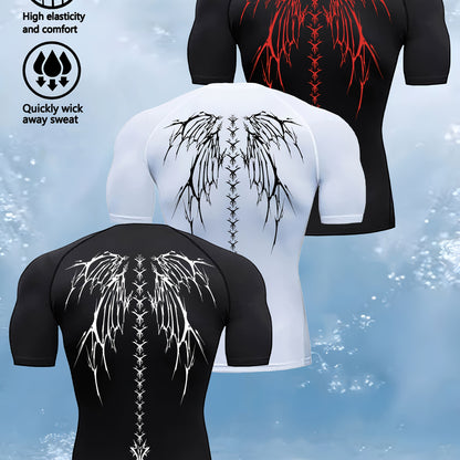 3pcs Wing Print Compression T-Shirts for Men - High Elasticity